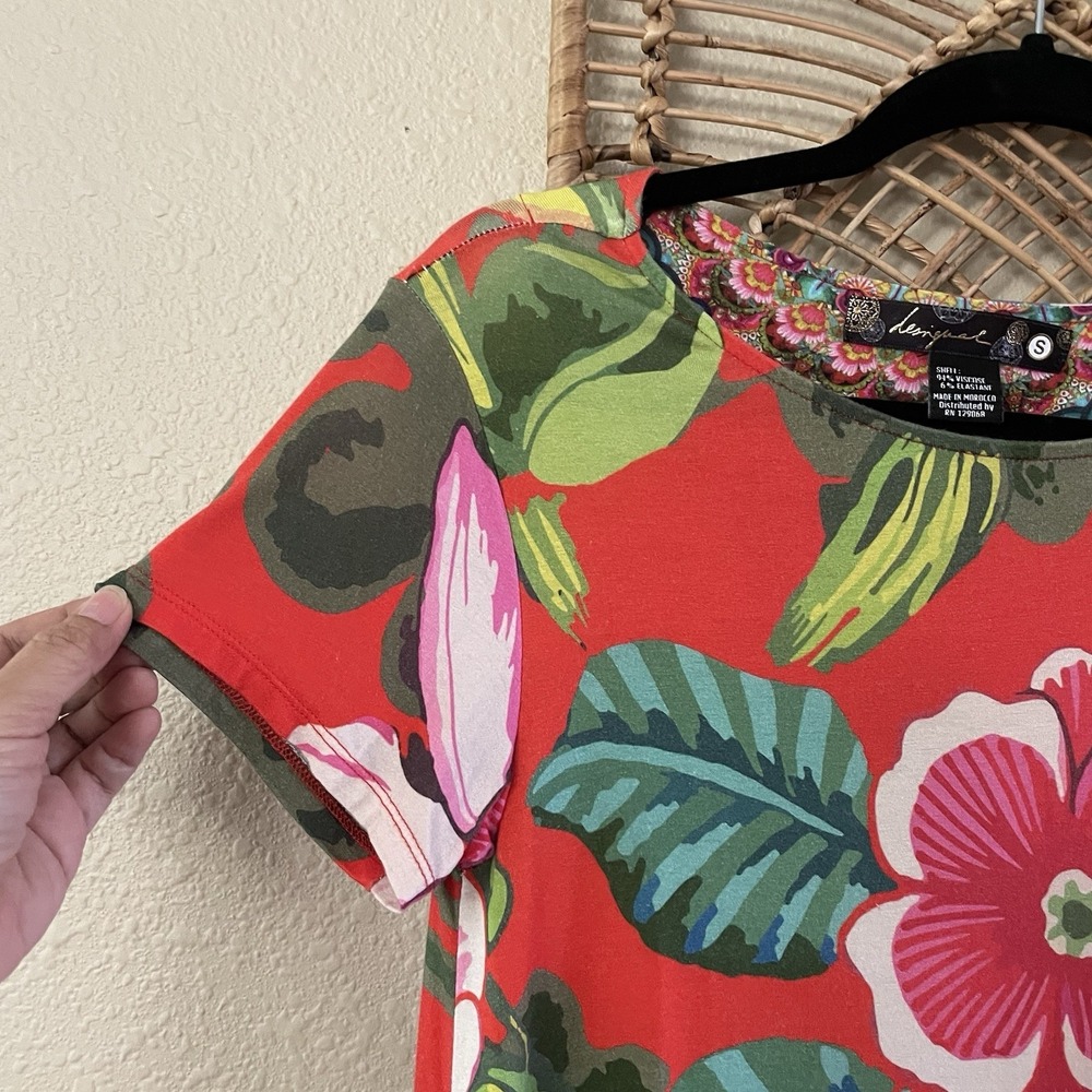 Desigual Red Floral Blouse Top Tunic Trapeze Sidetail Boho Artsy Colorful S B3 - Picture 7 of 12